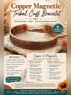Copper Tribal Magnetic Cuff Bracelet - Copper